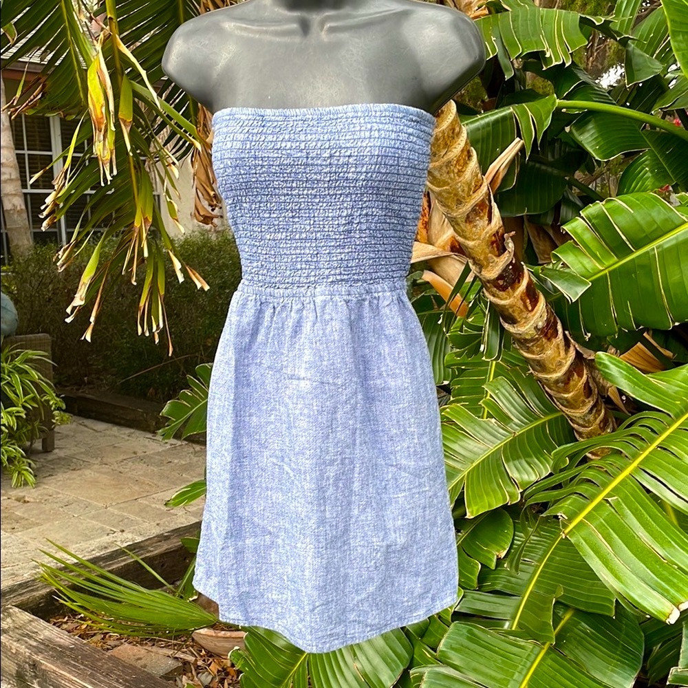 Express denim look chambray strapless dress